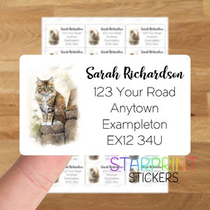 Etiquetas de dirección personalizadas de gato Maine Coon, 21 pegatinas autoadhesivas personalizadas - Hoja de pegatinas A4 (21 etiquetas por hoja) Regalo de acuarela