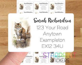 Maine Coon Cat Personalised Address Labels, 21 Custom Self Adhesive Stickers - A4 Sticker Sheet (21 labels per sheet) Watercolour Present