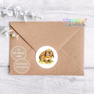 Pegatinas de conejo de orejas caídas, 48 etiquetas redondas (2 hojas A4, 24 por hoja), ideales para sellar sobres, bolsas de fiesta, regalos, tarjetas y obsequios.