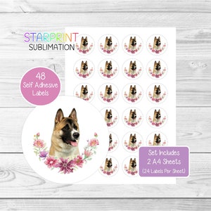 Pegatinas de perro Akita, 48 etiquetas redondas (2 hojas A4, 24 por hoja), ideales para sellar sobres, bolsas de fiesta, recuerdos, tarjetas y regalos.