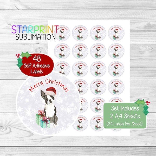 Boston Terrier Dog Christmas Stickers/Envelope Seals, 48 Round Labels (2 A4 Sheets, 24 Per Sheet), For Party Bags/Cards/Gifts Presents