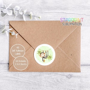 Pegatinas de mono, 48 etiquetas redondas (2 hojas A4, 24 por hoja), ideales para sellar sobres, bolsas de fiesta, regalos, tarjetas y regalos.