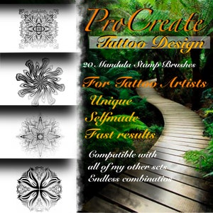 May include: A digital illustration of a set of 20 mandala stamp brushes for Procreate, designed for tattoo artists. The image features a path through a lush green forest with the text "ProCreate Tattoo Design" and "For Tattoo Artists" in a yellow font.