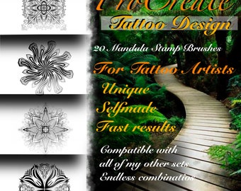 May include: A digital illustration of a set of 20 mandala stamp brushes for Procreate, designed for tattoo artists. The image features a path through a lush green forest with the text "ProCreate Tattoo Design" and "For Tattoo Artists" in a yellow font.
