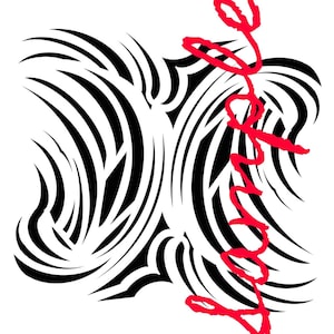 Puede incluir: Diseño abstracto en blanco y negro con la palabra "Amor" escrita en rojo cursivo.