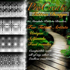 May include: A digital illustration of a set of 20 Procreate tattoo design brushes. The brushes feature mandala patterns in black and white. The text "Pro Create Tattoo Design" is written in orange and black. The text "20 Mandala Pattern Brushes" is written in black. The text "For Tattoo Artists" is written in orange and black. The text "Unique Selfmade Fast results" is written in orange and black. The text "Compatible with all of my other sets Endless combinations" is written in black.