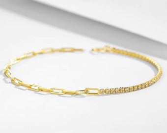 Delicado circón y pulsera de cadena de plata chapada en oro de 18 quilates, elegante pulsera de oro moderna, pulsera de piedras preciosas