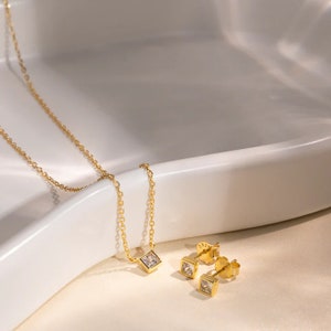 Collar de plata de ley con circonitas cuadradas y oro de 18 quilates, cadena de circonitas, joyas de plata y oro imagen 2