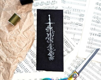 Vintage Style Sword and Foliage Sew-On Patch Hand Screen printed Black & White