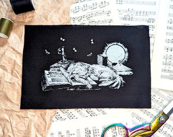 Vintage Style Sleeping Cat and Books Sew-On Patch Hand Screen printed Black & White