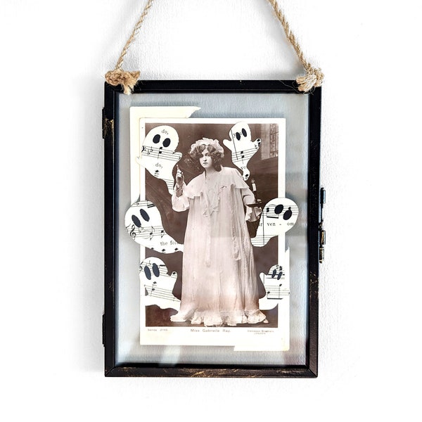 Vintage Gabrielle Ray Edwardian Actress Postcard Ghost Collage  -  Original Art Paper Ephemera, Vintage Style Art,  in hanging frame