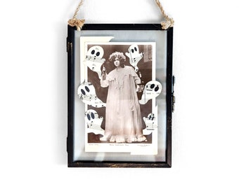 Vintage Gabrielle Ray Edwardian Actress Postcard Ghost Collage  -  Original Art Paper Ephemera, Vintage Style Art,  in hanging frame