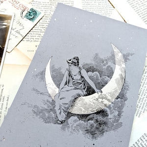 Selene, diosa de la luna de la mitología griega, estilo vintage, estampado en lámina plateada imagen 2