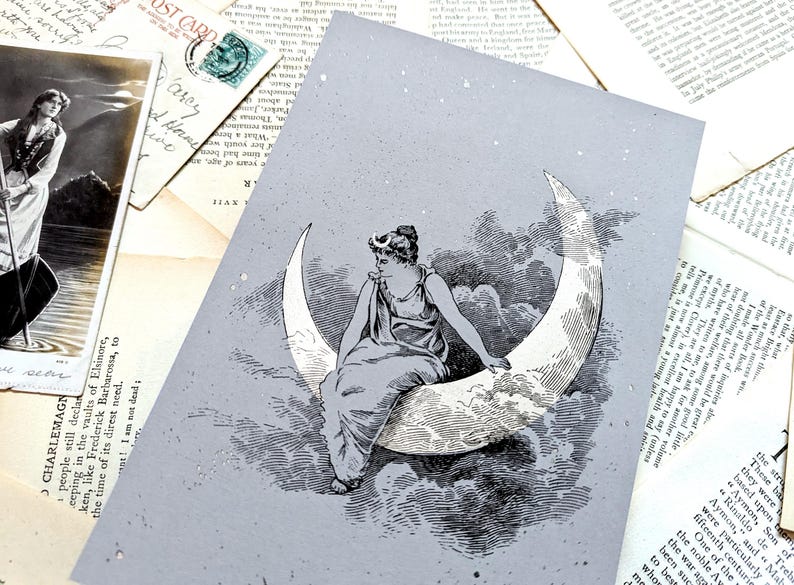 Selene, diosa de la luna de la mitología griega, estilo vintage, estampado en lámina plateada imagen 2