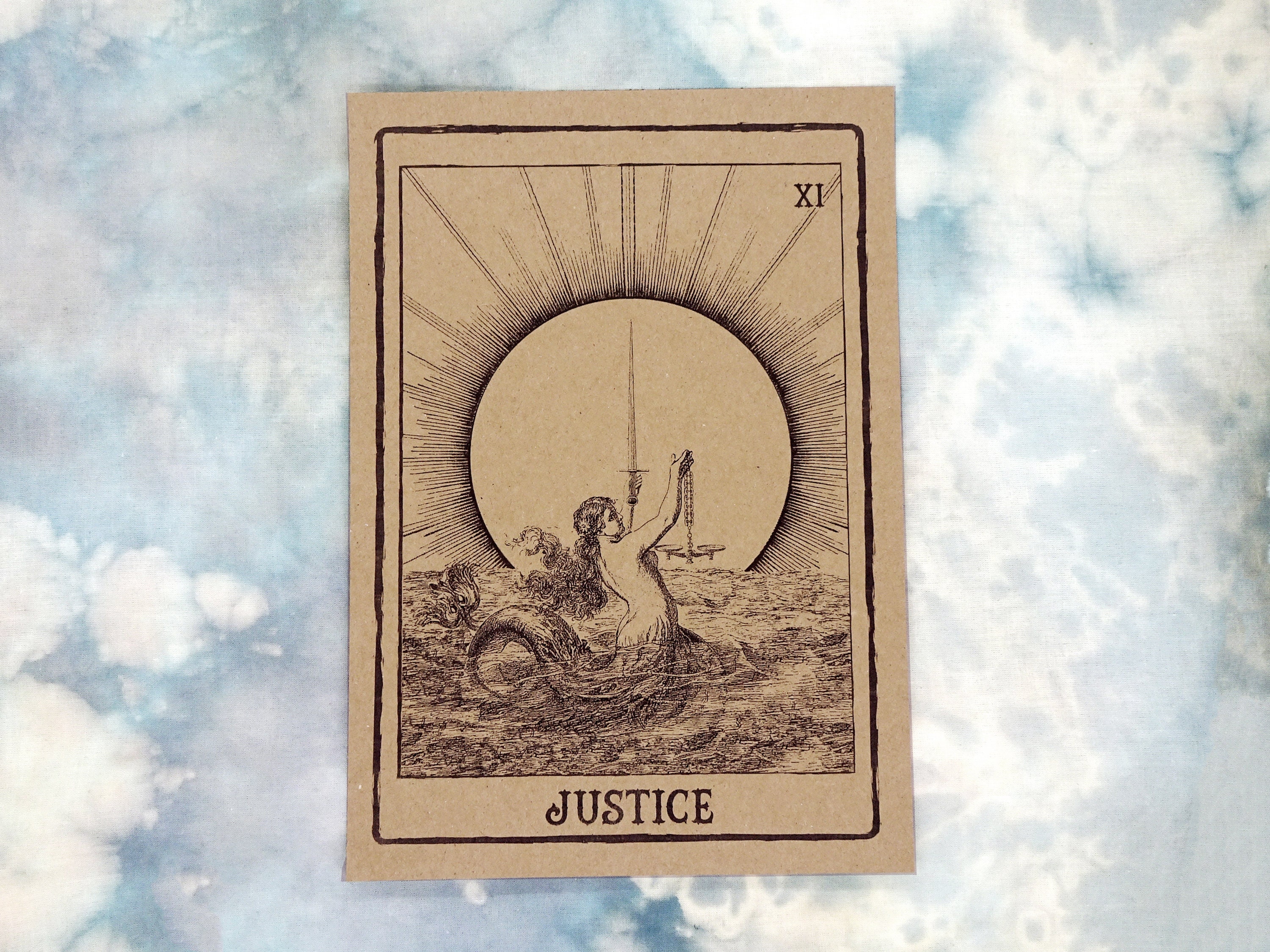 Justice Tarot Occult Art Deco Print Art & Collectibles Wood & Linocut