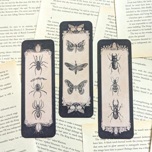 Peut inclure: Trois marque-pages noirs avec des illustrations d'insectes. Les marque-pages présentent des dessins détaillés d'araignées, de papillons de nuit et de coléoptères, sur un fond crème avec des bordures décoratives. Les marque-pages sont disposés sur un fond de pages de livres anciens.