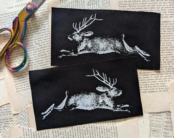 Vintage Style Jackalope Sew-On Patches Hand Screen printed Black & White