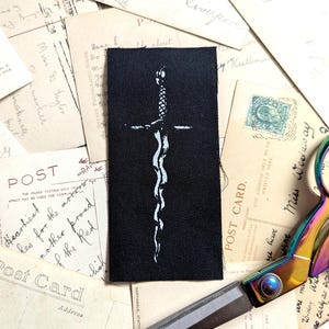 Flamberge Sword Sew-On Patch Hand Screen printed Black & White