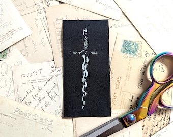 Flamberge Sword Sew-On Patch Hand Screen printed Black & White