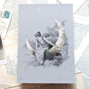 Vintage stijl Selene godin van de maan Griekse mythologie zilverfolieprint
