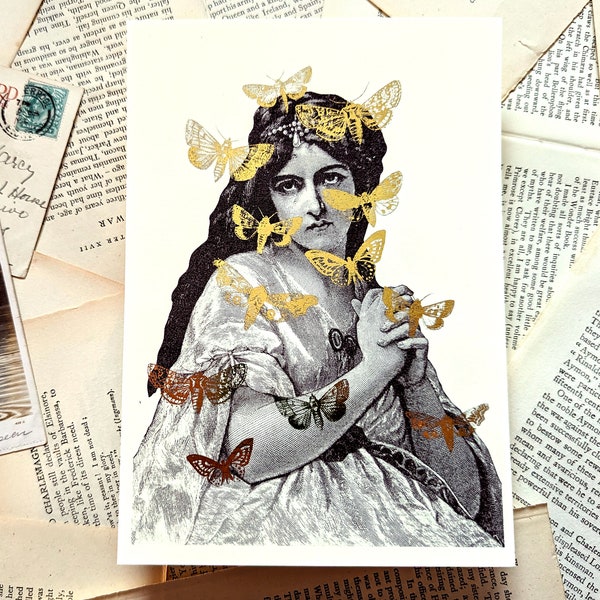 Vintage Style Victorian Woman & Moths Gold Foil Print