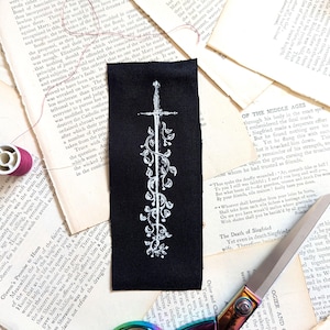 Vintage Style Sword and Foliage Sew-On Patch Hand Screen printed Black & White