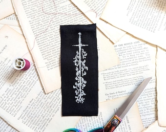 Vintage Style Sword and Foliage Sew-On Patch Hand Screen printed Black & White