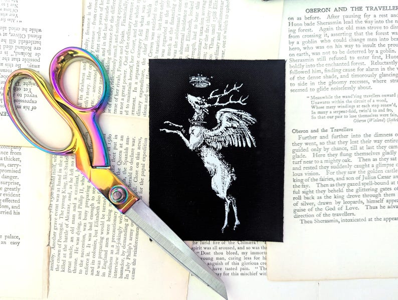 Pu&ograve; includere: Un paio di forbici in metallo iridescente dai colori dell'arcobaleno con finitura metallica, posizionate accanto a una toppa rettangolare in tessuto nero con un ricamo bianco raffigurante un cervo alato con corona, su pagine di libri antichi.