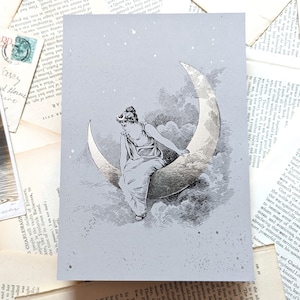 Vintage stijl Selene godin van de maan Griekse mythologie zilverfolieprint