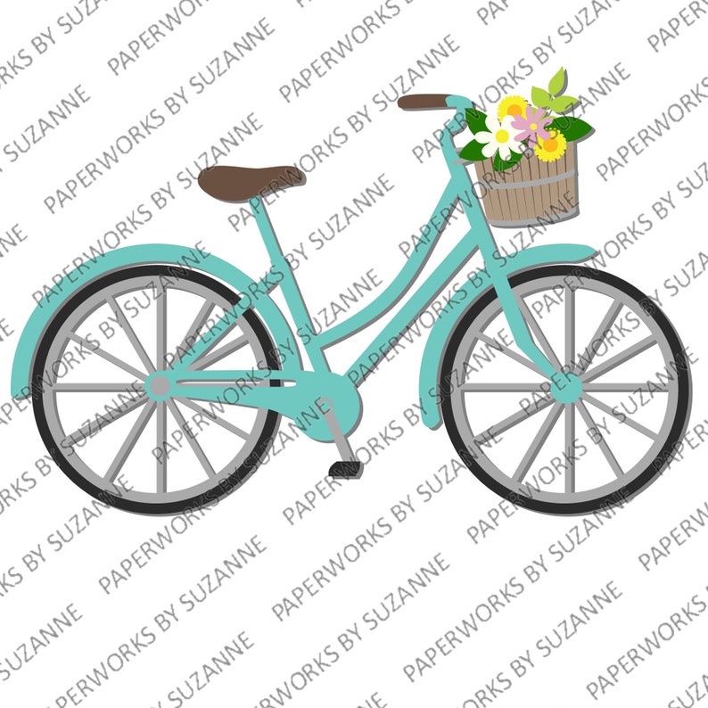 Fiets. .SVG. Studio3 . GSP voor Silhouette, Cricut en andere machines. Voor kaarten en decoraties. Fiets met mand en bloemen. afbeelding 2