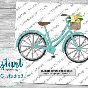 Bicicleta .SVG .Studio3 .GSP para Silhouette, Cricut e outras máquinas. Para cartões e decorações. Bicicleta com cesta e flores.