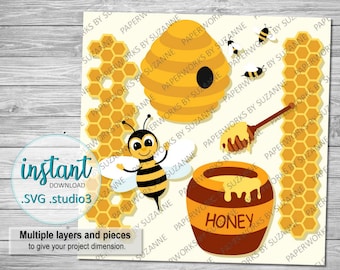 Bees and Honey SVG, Studio3, PNG Clipart for Cricut, Silhouette and other cutting machines, Bees, Honeycomb, honeypot, Beehive
