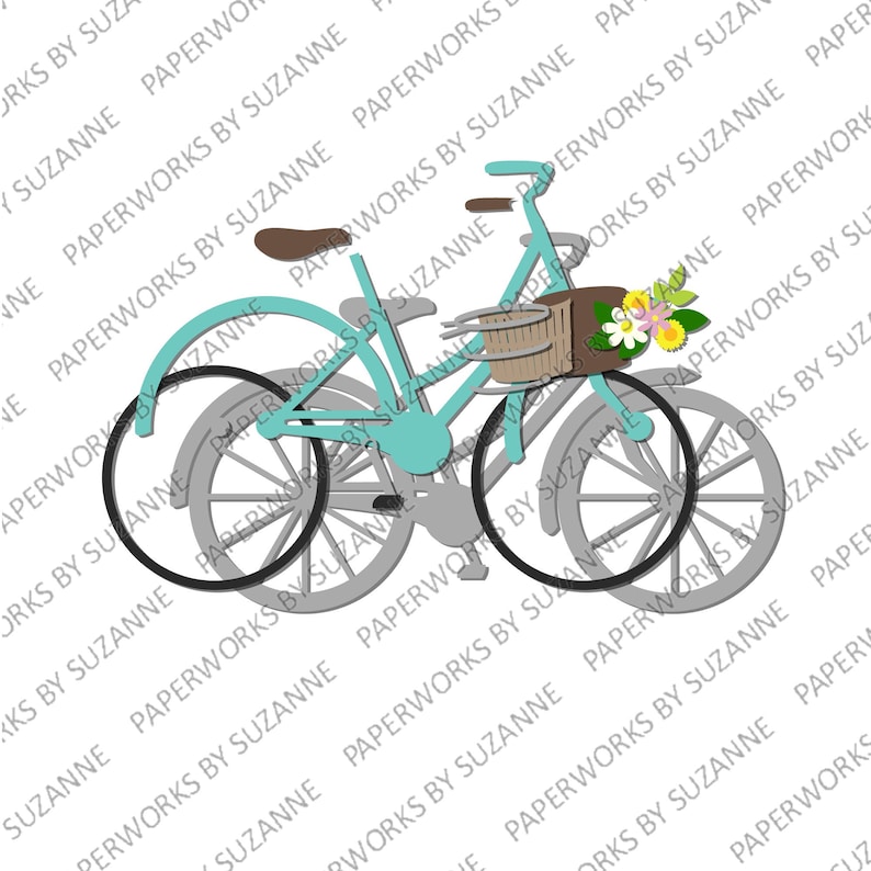 Fiets. .SVG. Studio3 . GSP voor Silhouette, Cricut en andere machines. Voor kaarten en decoraties. Fiets met mand en bloemen. afbeelding 4