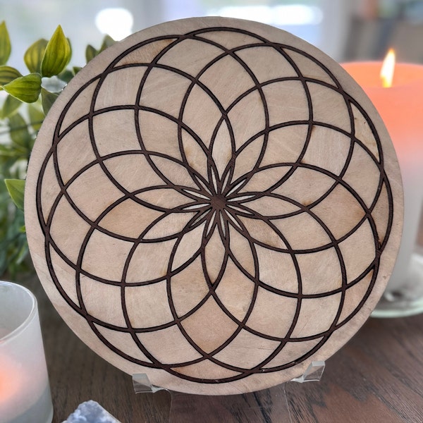 Flower of LIfe Crystal Grid, Handmade basswood with walnut ply inlay, Altar Tile, Celestial, Metaphysical, Witchcraft.