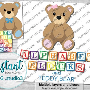 Teddy Bear and Alphabet Blocks .SVG .Studio3 .GSP for Silhouette, Cricut and other machines. Baby showers / baby gifts / child&#39;s birthday