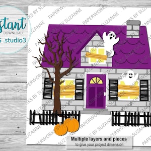 May include: A purple and gray haunted house with boarded up windows, a spooky tree, and two ghosts. The house has a fence and two pumpkins in front of it.