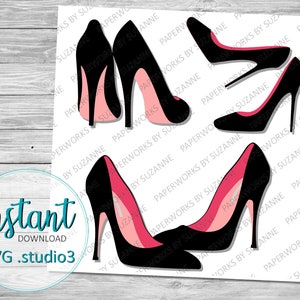 May include: Four black high-heeled shoes with pink soles. The shoes are arranged in a random pattern on a white background.