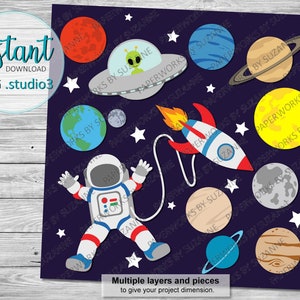 Espace extra-atmosphérique .SVG .Studio3 .GSP pour Silhouette, Cricut et autres machines. Astronaute, extraterrestre, OVNI, soucoupe volante, planètes, système solaire Clipart