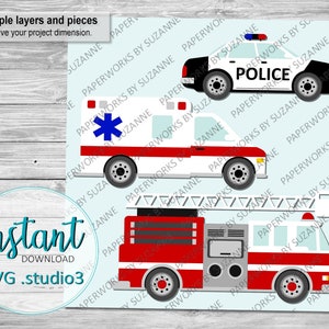 Emergency First / Responder Vehicle SVG Studio3 GSP Clipart per silhouette, cricut e altre macchine. Amblance, camion dei pompieri, auto della polizia