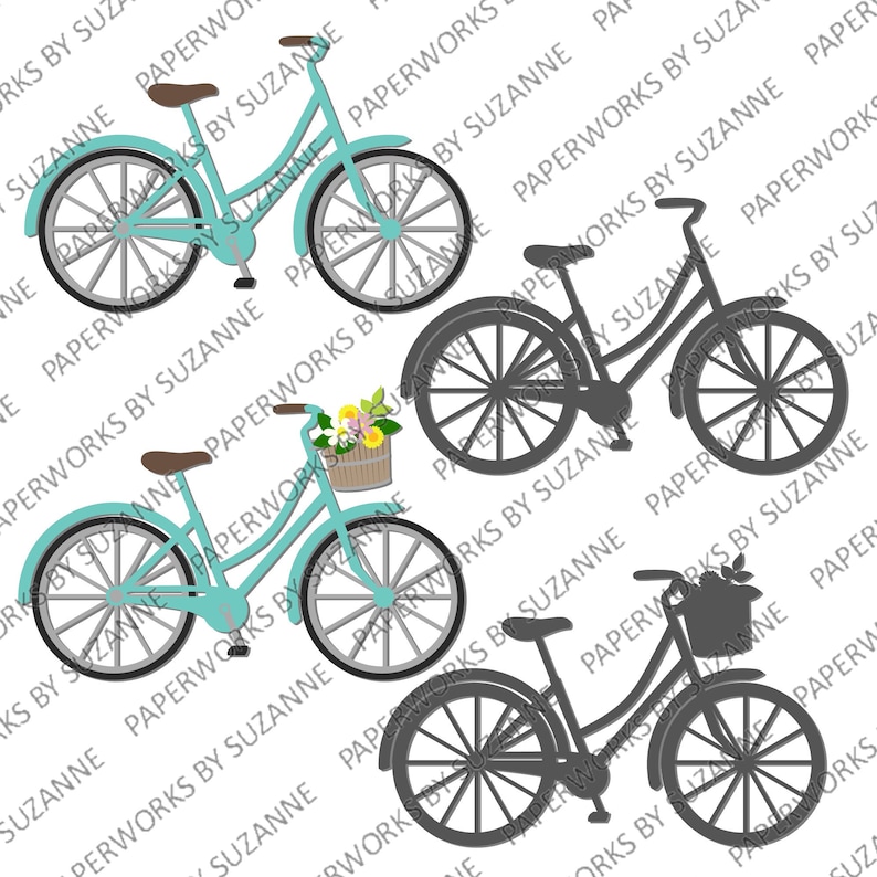 Fiets. .SVG. Studio3 . GSP voor Silhouette, Cricut en andere machines. Voor kaarten en decoraties. Fiets met mand en bloemen. afbeelding 3