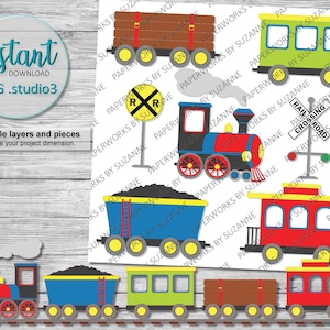 Zug-Set . Svg. Studio3 . GSP für Silhouette, Cricut und andere Maschinen. Ideal für Karten und Deocrationen Choo Choo! Dampfmaschine! Caboose!
