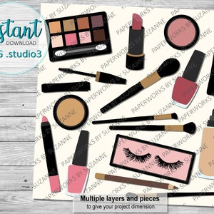 May include: A collection of makeup items, including eyeshadow palettes, lipstick, mascara, eyeliner, nail polish, foundation, brushes, and eyelashes. The items are arranged on a white background with the text "PAPERWORKS BY SUZANNE" repeated throughout.