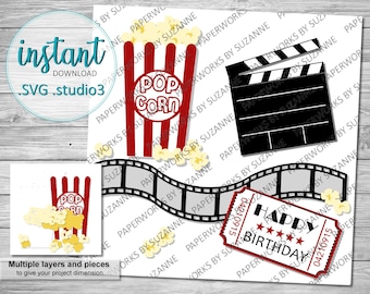 Filmset .GSP voor Silhouette, Cricut en andere machines. Popcorn, bioscoopkaartje, filmstrip, klapbord, HOLLYWOOD BIRTHDAY