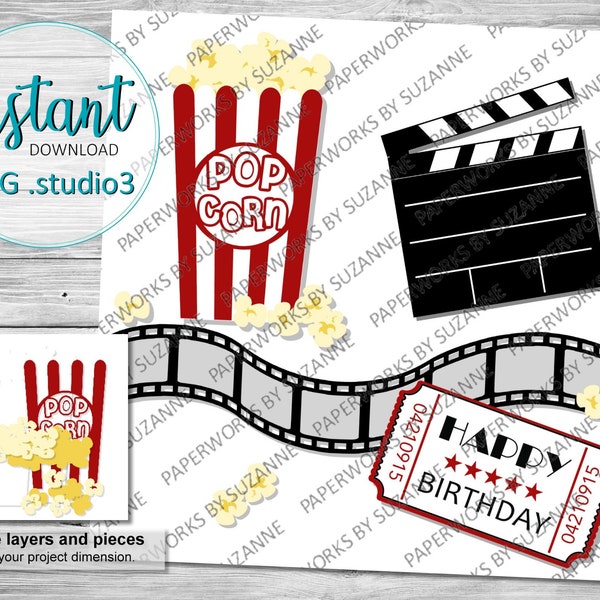 Movie Set .GSP for Silhouette, Cricut and other machines. Pop Corn, Movie Ticket, Film Strip, Clap Board, HOLLYWOOD BIRTHDAY