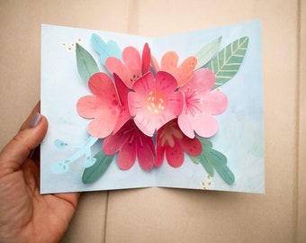 Modèle de carte pop-up florale cadeau fête des mères Carte de voeux bricolage peinte à la main pour maman Tutoriel imprimable en téléchargement numérique Illustration florale