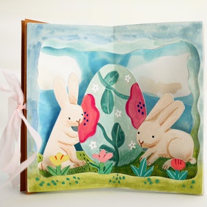 Modèle de livre pop-up de printemps, livre carrousel bricolage peint à la main pour Pâques, tutoriel imprimable en téléchargement numérique Illustration de la nature pour les enfants
