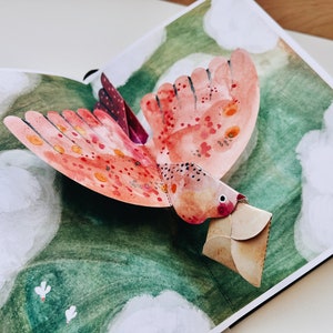Modèle de carte pop-up lettre d'amour Carte de voeux bricolage peinte à la main pour la Saint-Valentin, tutoriel imprimable en téléchargement numérique Illustration d'oiseau