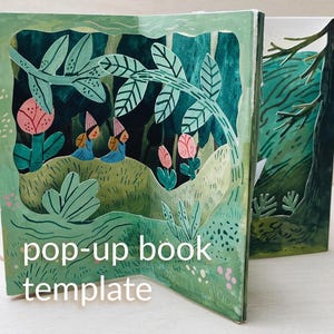 Modelo de livro pop-up de conto popular, livro de carrossel faça você mesmo pintado à mão, para impressão, download digital, tutorial, ilustração da natureza para crianças, conto de fadas