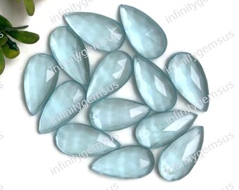 Aquamarijn edelsteen 10 x 20 mm, peervormig, gekalibreerd, set van 10 stuks, roosgeslepen aquamarijn met platte achterkant, gefacetteerde aquamarijn edelsteen voor sieraden.