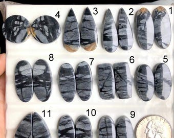 May include: A selection of eleven polished gemstone cabochons in diverse shapes, such as oval, teardrop, and rectangular. The stones display a grey and black pattern with tan highlights. A UK coin is included for size reference.